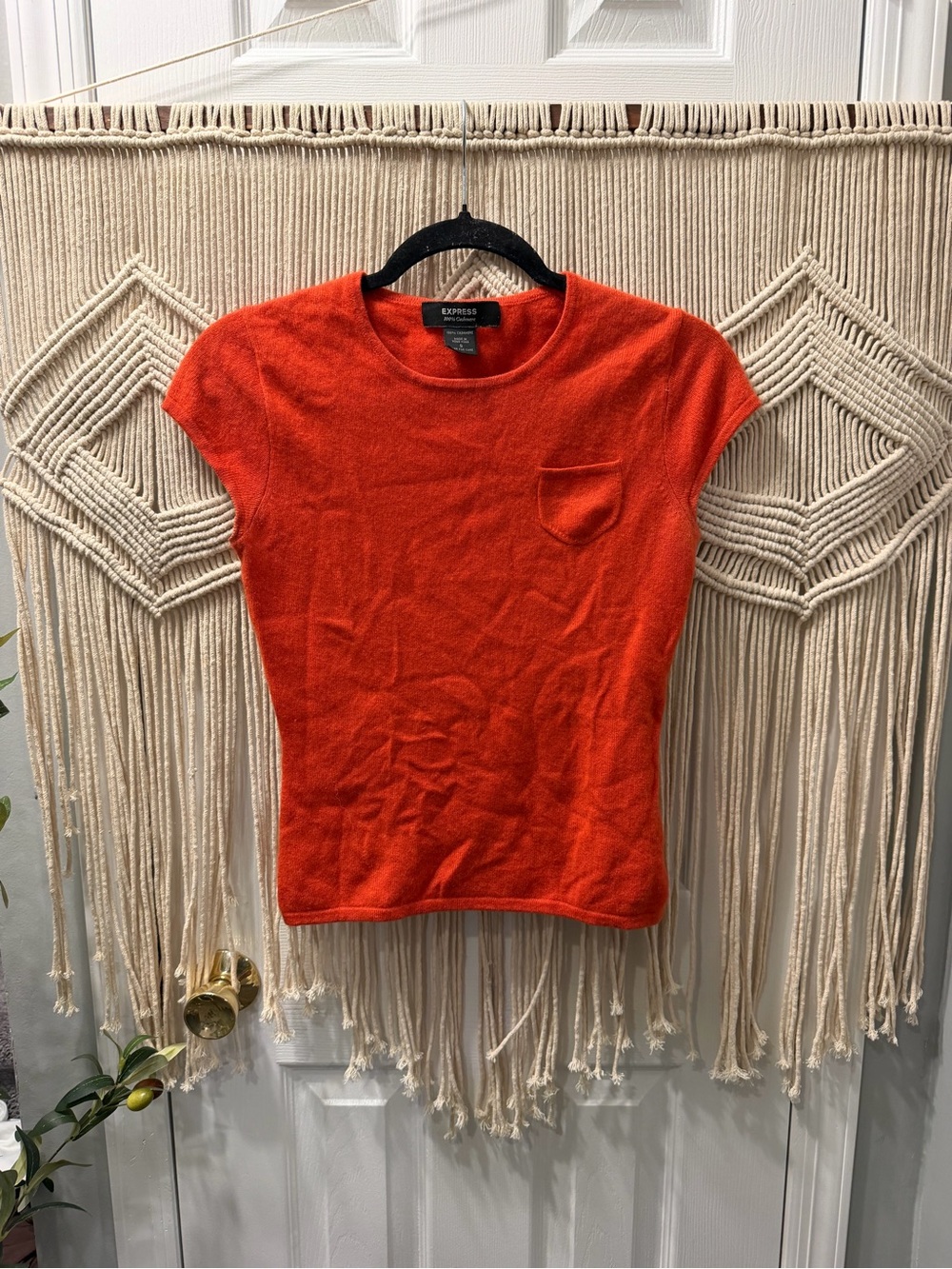 Express CASHMERE Short Sleeve Crewneck Top in Bright Orange with Pocket